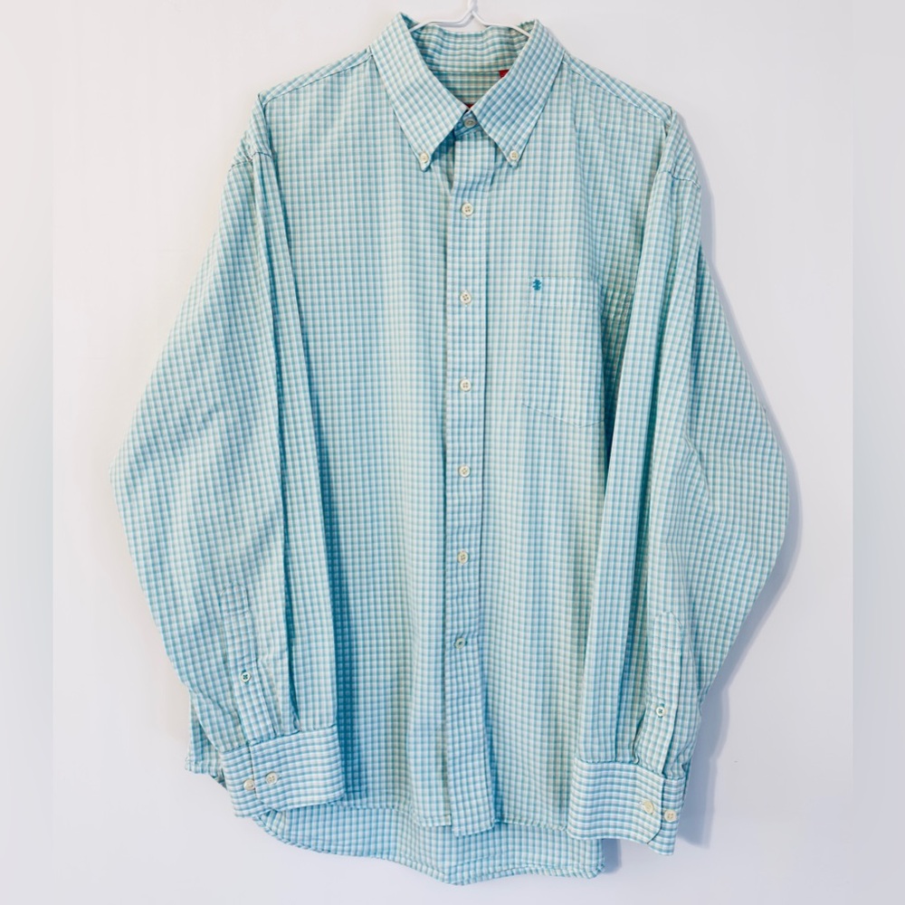 Izod Light Blue‎ Green Gingham Check Long Sleeve Button Down Casual Shirt Large